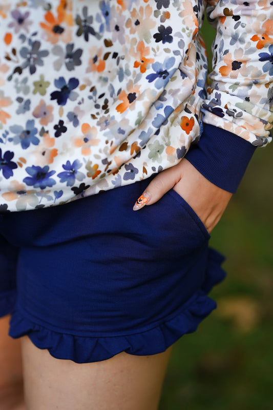 Fall Navy Blue Ruffled Shorts
